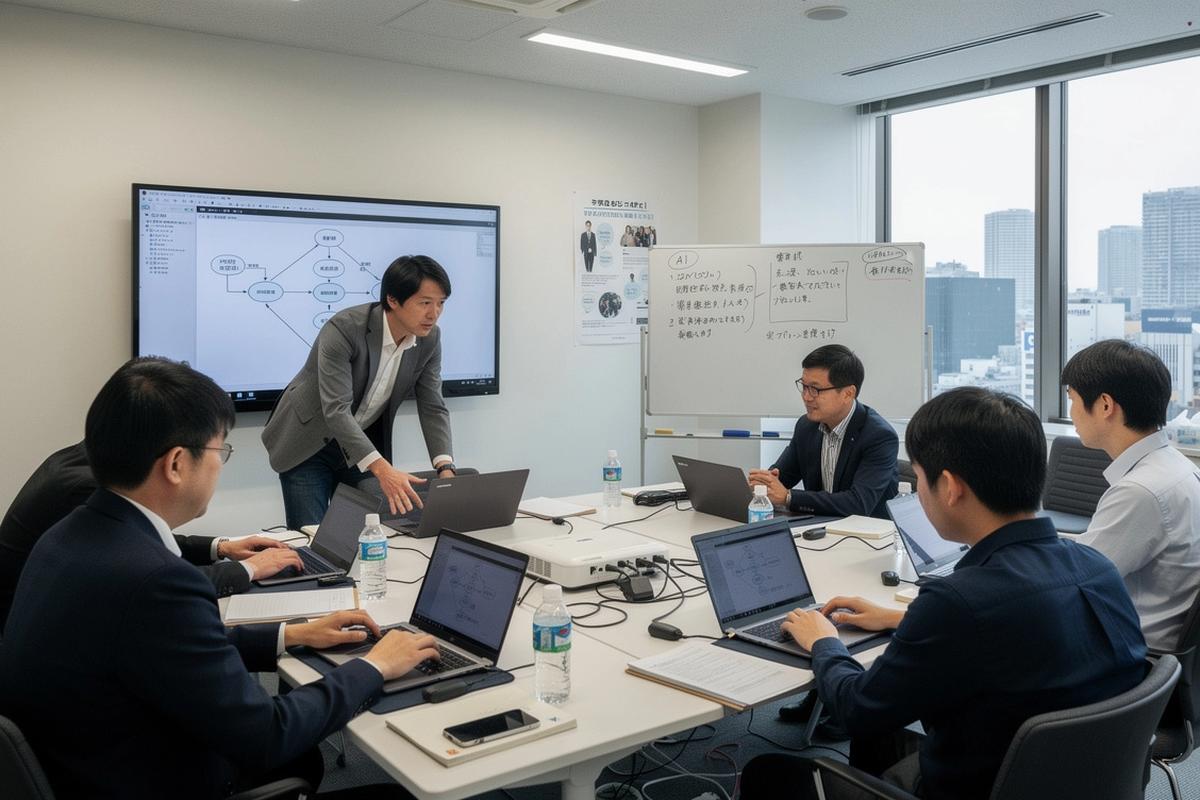 AIの対面講座でノートPCを使いながら学ぶ受講者と講師